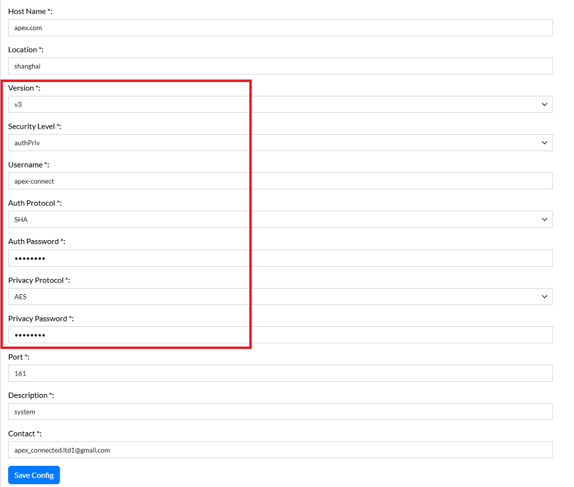 Figure image-5 snmp version v3 Security type authPriv