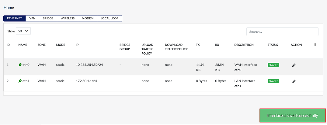 DHCP Ethernet Interface - Confirmation (Same as Static)